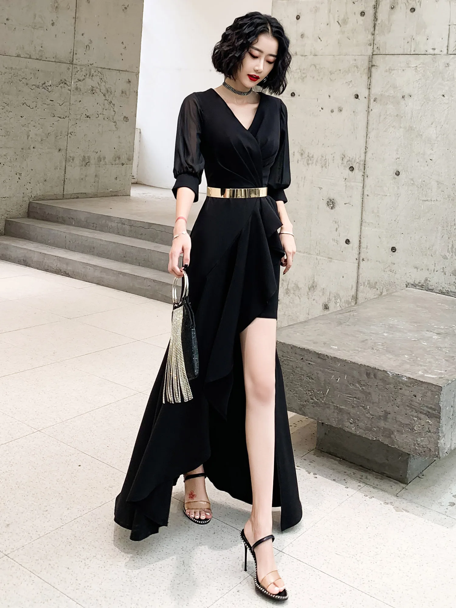 

Элегантное вечернее платье Ele Bla для женщин, новинка 2025 года, люксовое, маленькое, высококачественное, для повседневной носки, в корейском стиле, с длинными рукавами