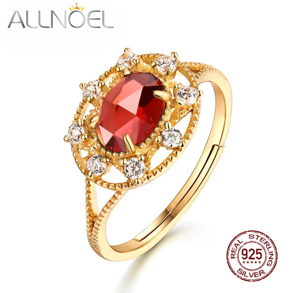 

ALLNOEL Natural Crystal Garnet 925 Pure Silver 18k Gold Ring for Women Wedding Jewelry Accessories Gift Size Adjustable