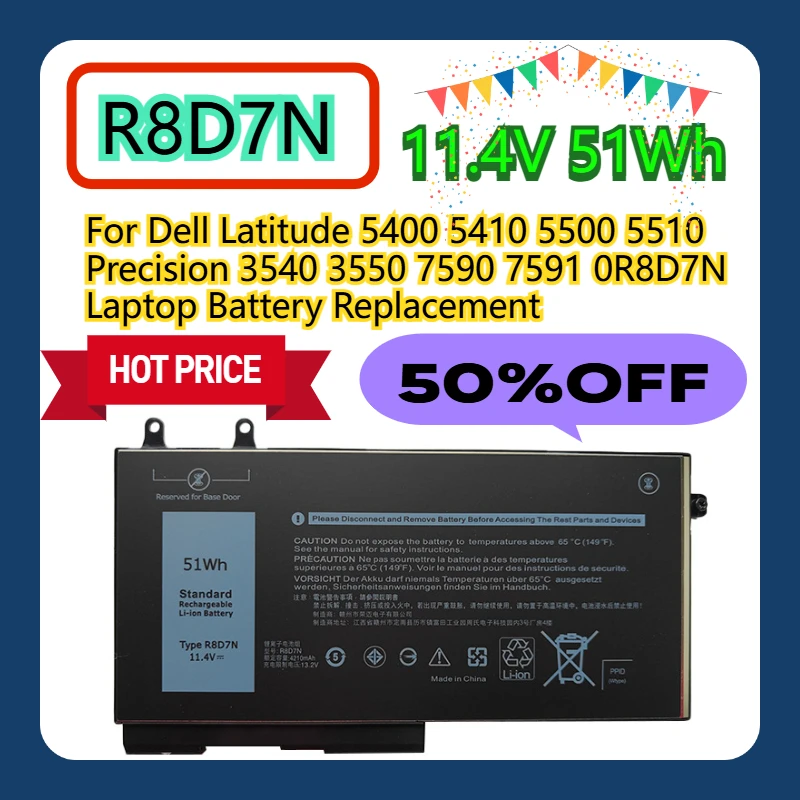 

For Dell Latitude 5400 5410 5500 5510 Precision 3540 3550 7590 7591 11.4V 51Wh R8D7N 0R8D7N Laptop Battery Replacement