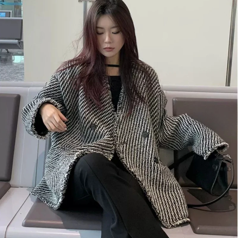 Women Tweed Jacket, Ladies Coat, Korean Department Advanced Sense Suit, Knitted Cardigan, Plus Size Outerwear, Fall Winter