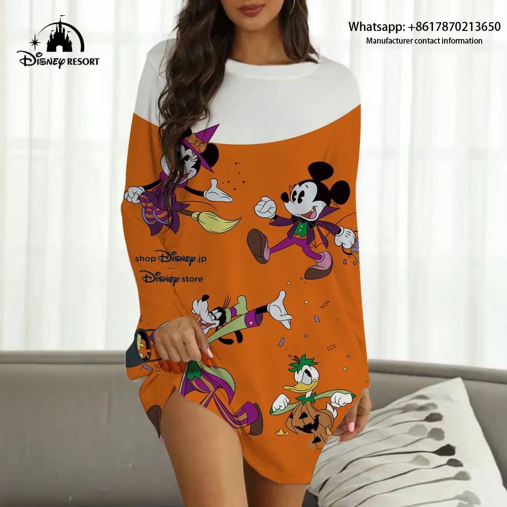 

2022 New Disney Brand Mickey and Minnie Anime Print Christmas Fall Ladies Sexy Party Club Dress Women Boho Homewear