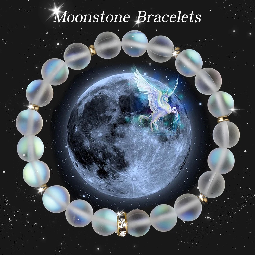 OAIITE 8mm Moonstone Bracelet Women Sparkling Stone Yoga Spirit Chakra Health Lucky Beads Men Handmade Wristband Jewelry