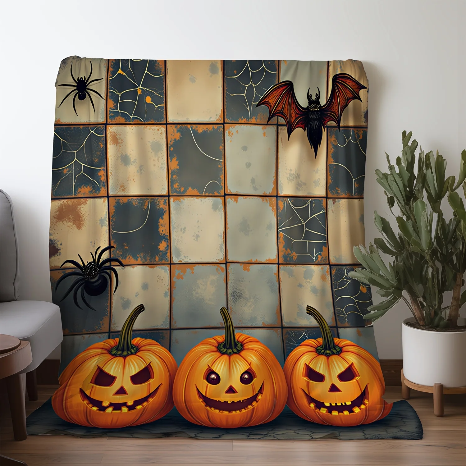 Halloween-Themed Flannel Blanket with Pumpkin, Bat & Spider Print , Perfect for Sofa, Bed, Car, Office, Camping & Travel