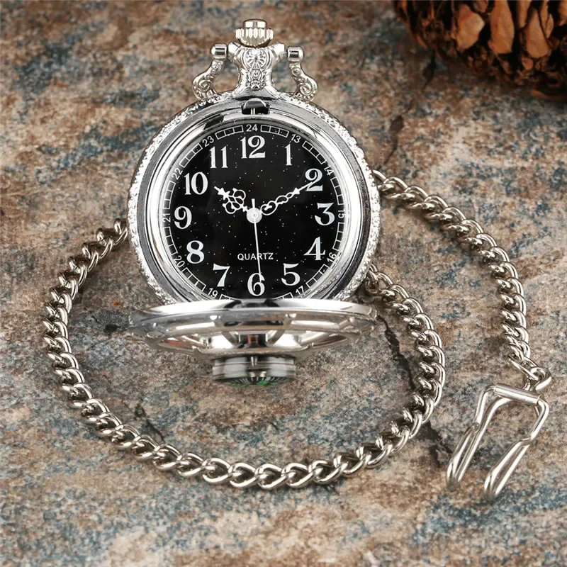 Vintage Hollow Out Compass Design Half Hunter Analog Quartz Pocket Watch for Men Women Starry Dial Pendant Necklace Chain Gift