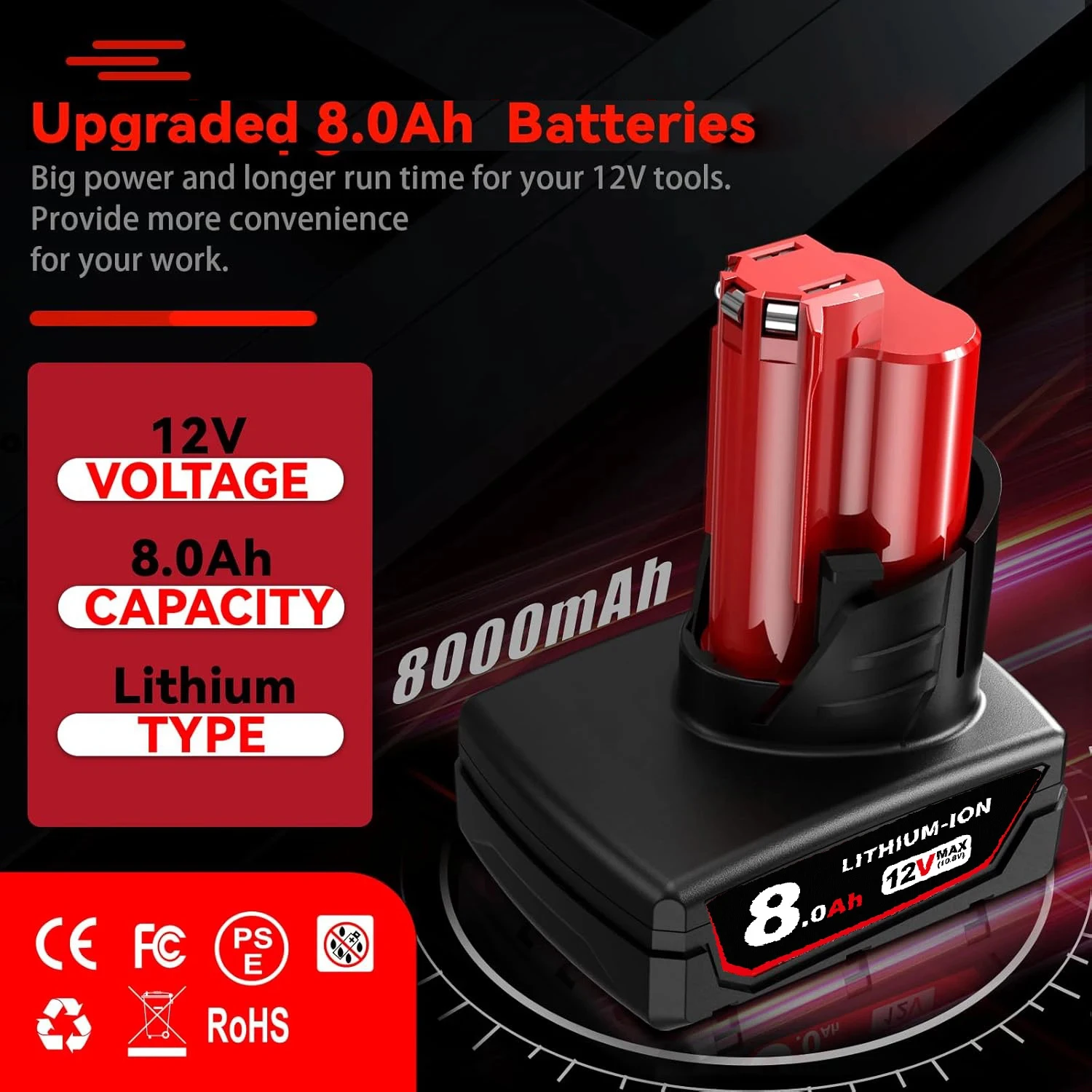 1/2/4 Uds 8.0Ah M12 reemplazar para Milwaukee 12v Pin de batería + cargador de M12-18C Compatible con herramienta 48-11-2420 48-11-2411 48-11-2440
