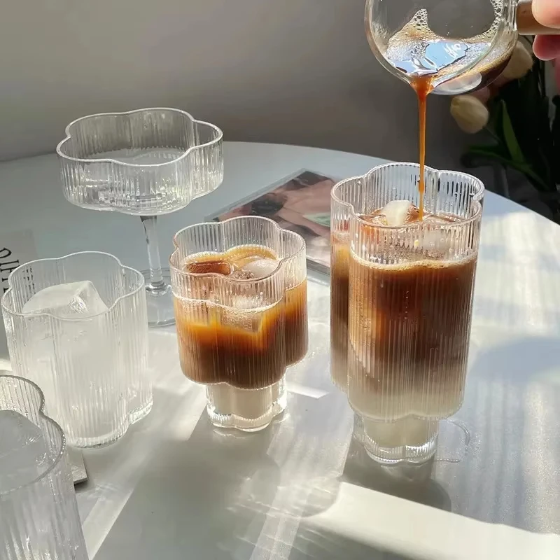 

Clear Ice Cream Glass Whiskey Red Wine Glass Cup Flower Stripe Glass Mug Vintage Iced American Coffee Mug Home Stacked Cup