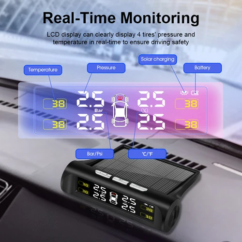 Imagen 2 del producto Srnubi carga Solar Universal TPMS pantalla LCD sistema de Monitor de alarma de presión de neumáticos de coche Sensor de advertencia de temperatura de presión de neumáticos