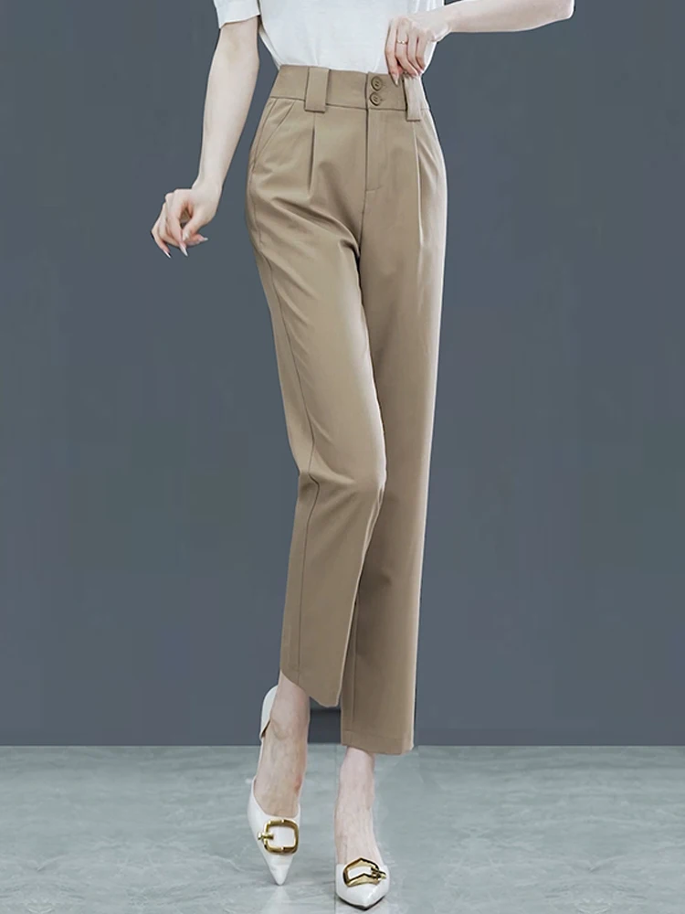 

Повседневные женские брюки с высокой талией, прямые, зауженные, летние, тонкие, новый стиль, корейская версия, с карманами, из полиэфирного волокна