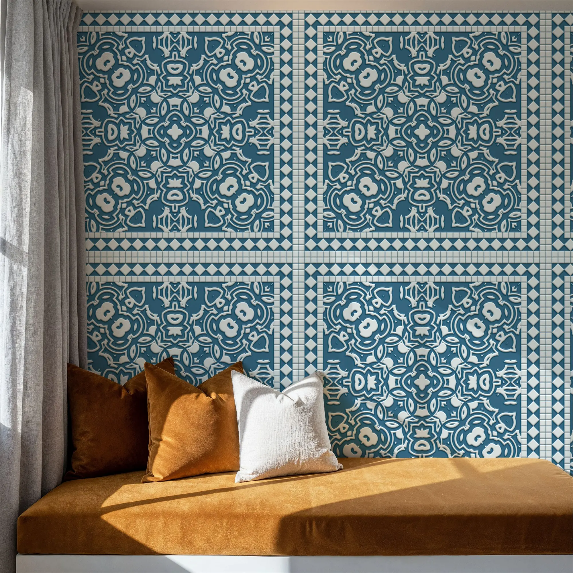 Mission Cement Tiles Steel Blue Made to Measure Mural Wallpaper for Bedroom