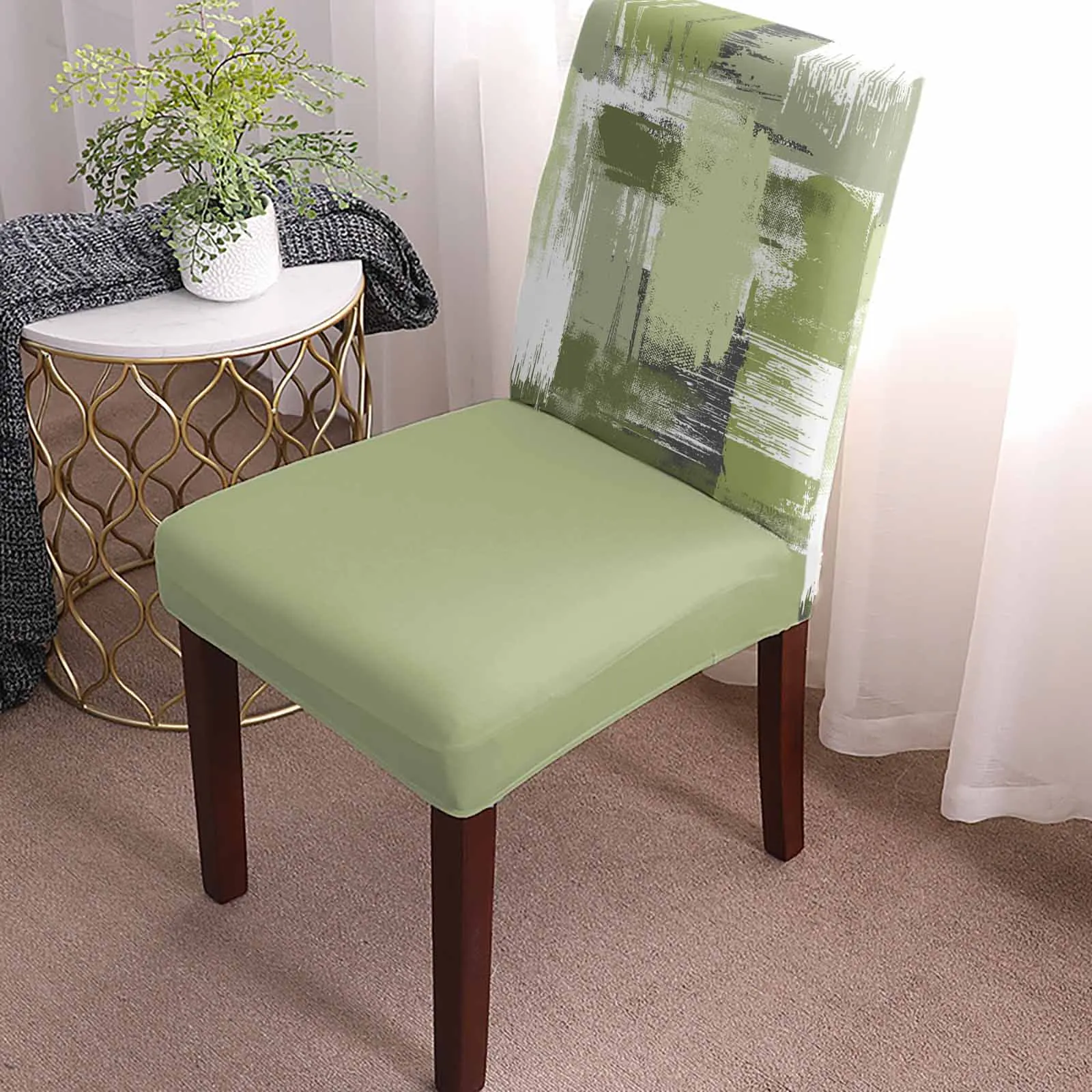 Geometric Abstraction Oil Painting Sage Green Chair Cover Set Kitchen Stretch Spandex Seat Slipcover Home Dining Room Seat Cover