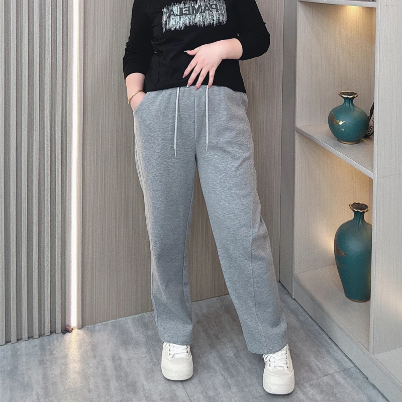 Women's Wide Leg Straight Pants, Loose Casual Trousers, High Waist, Scuba Knitting Fabric, Early Autumn, New, F412, Plus Size