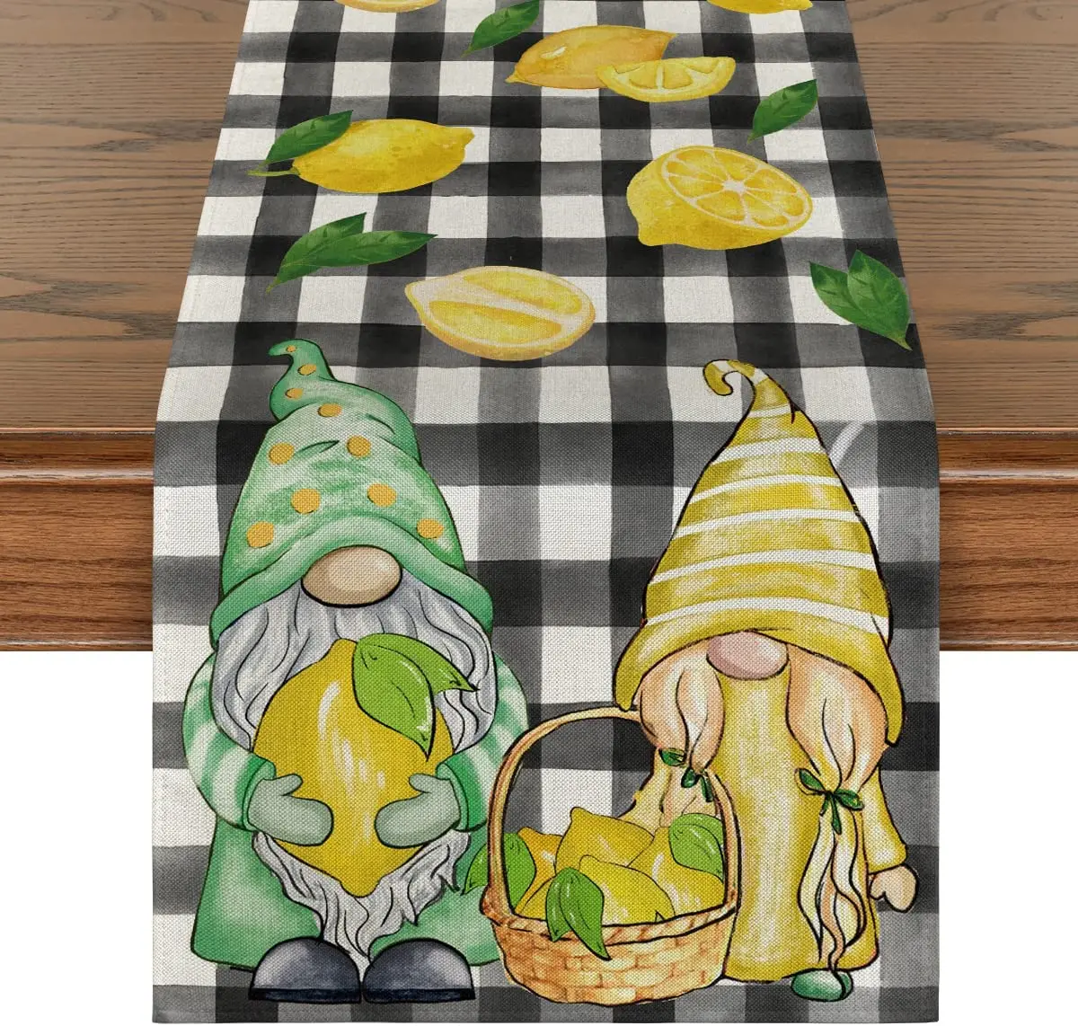 

Watercolor Buffalo Plaid Gnome Lemon Linen Table Runner Summer Seasonal Kitchen Dining Table Runner for Party Table Decor