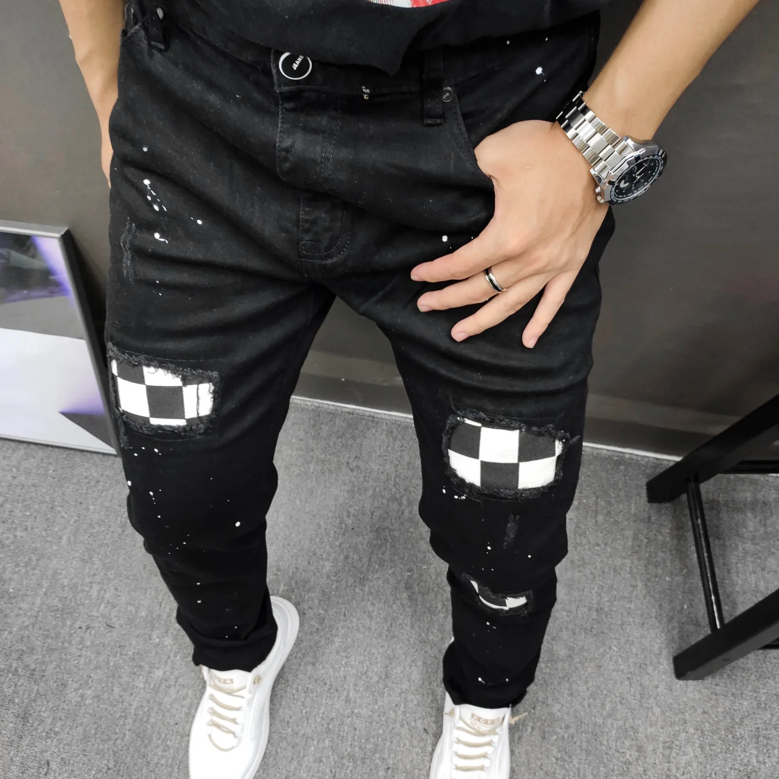 

Streetwear Fall Hip Hop Black White Contrast Stitching Patchwork Jean Men Tight Jean Homme Men Skinny Jean Social Denim Jean Men