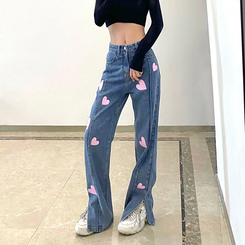 Fashion Love Sequined Trousers Split Blue Jeans Women's 2024 Summer High Waist Casual Drape Straight Trousers Boyfriend Jeans