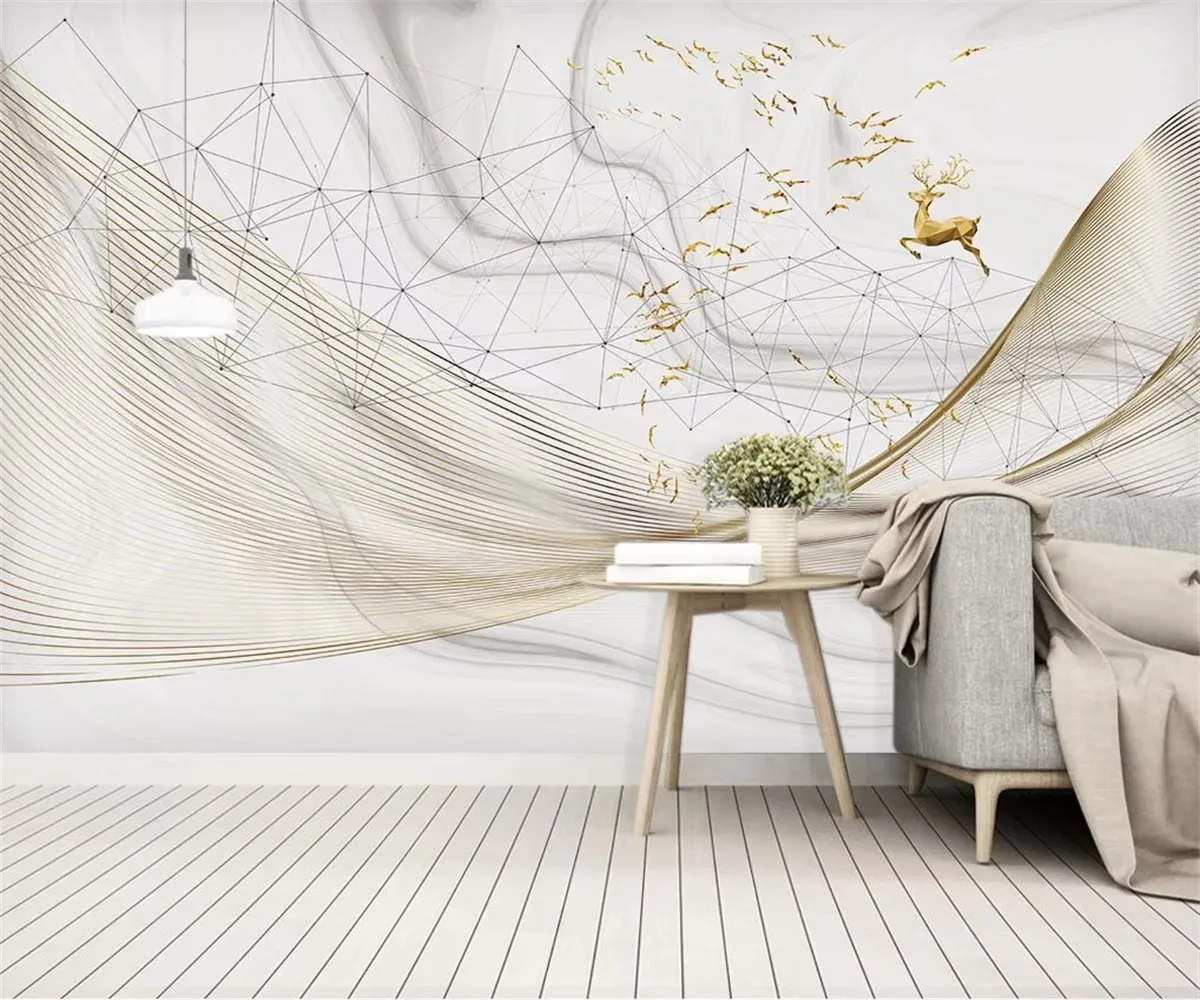 Custom wallpaper modern abstract marble pattern golden lines flying bird elk bedroom background wall 3d wallpaper