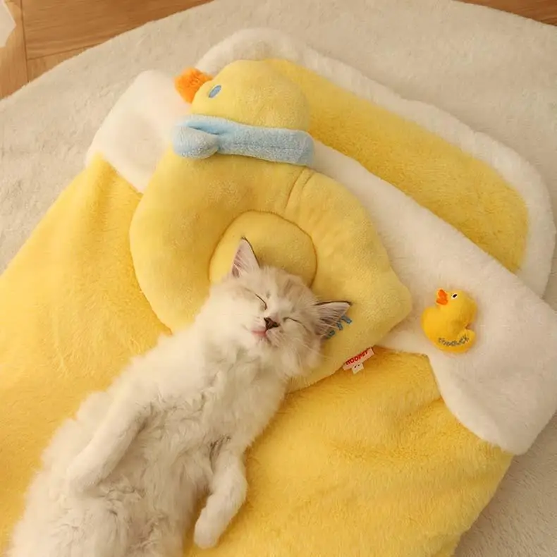 Cute Duck Cat Bed Coral Fleece Yellow Duckling Pet Bed Soft Comfortable Kitten Bed In 2 Sizes