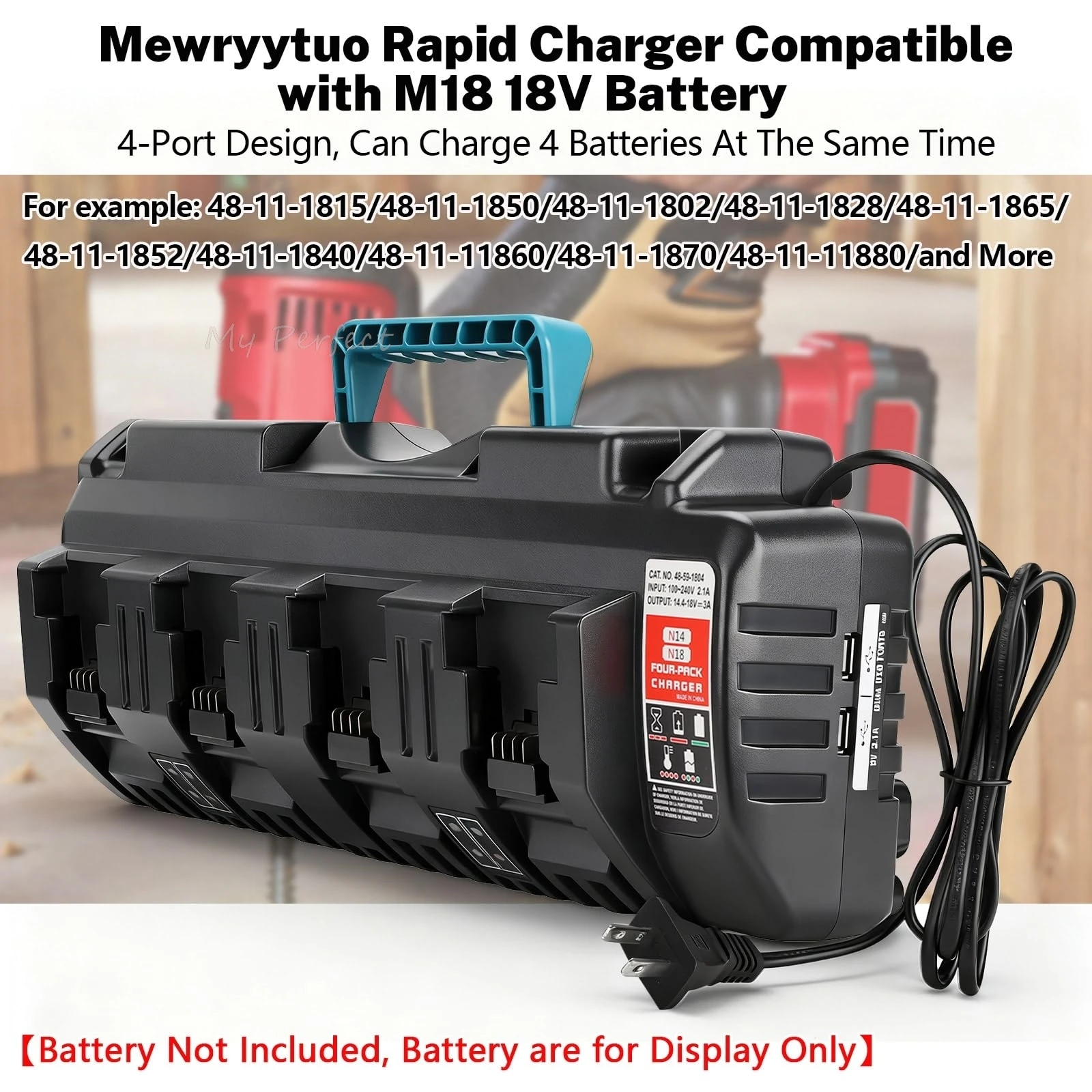 

4-Ports Rapid Super Charger Compatible with Milwaukee M18 18V Battery Power Tools with 2 USB Ports Outputs Fast Charging Station