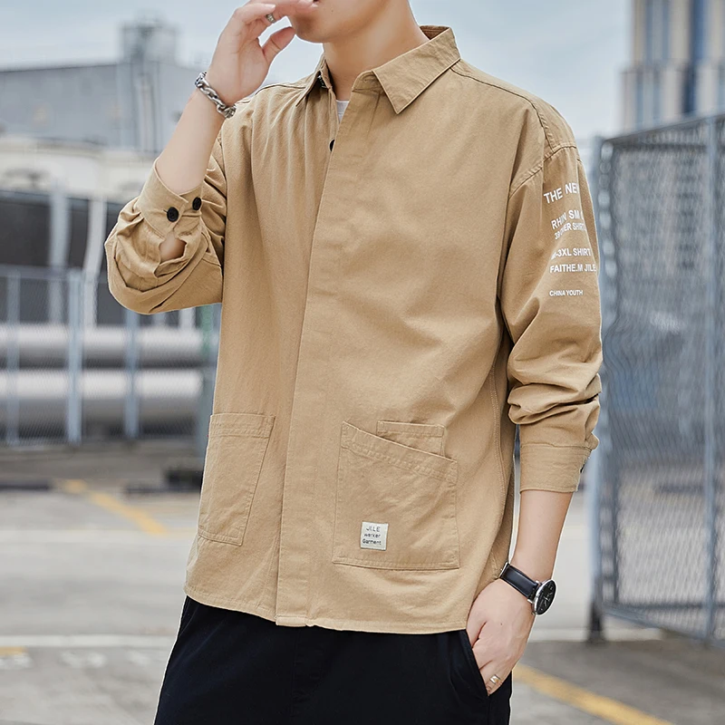 Męska odzież robocza na co dzień, kurtka na wiosnę i jesień, dla nastolatków, długi rękaw, kołnierzyk, kolor, nie wymaga prasowania.