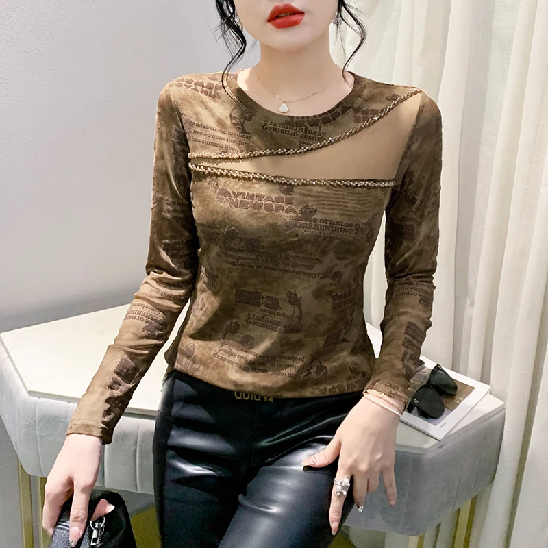 

2024 New Spring Autumn Clothes T-Shirt Chic Sexy O-Neck Patchwork Mesh Shiny Beading Flocking Women Tops Long Sleeve Tees 41108