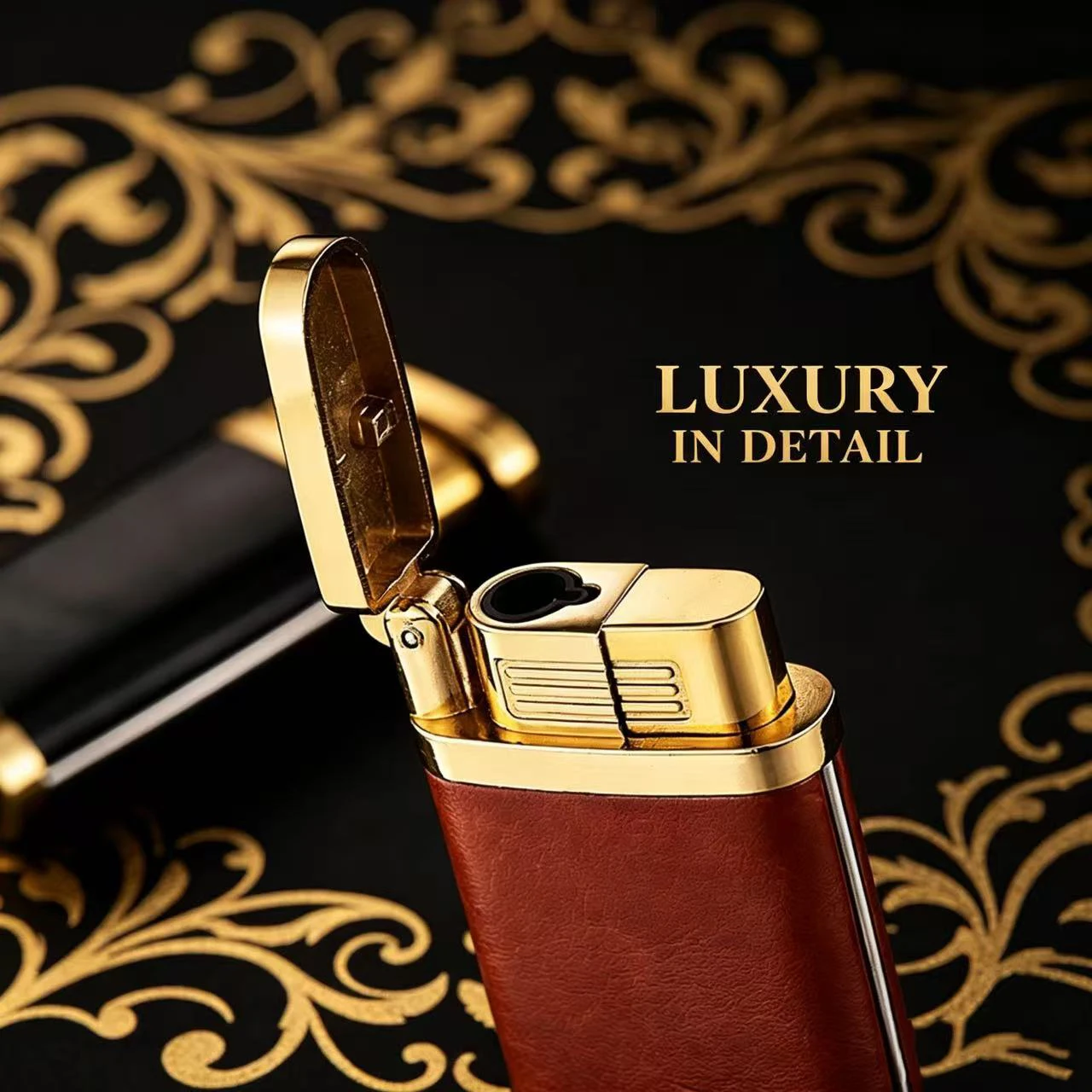 Flip Cover Press Ignition Lighter, Metal Leather Patch Design, Windproof Creative Straight Jet Refillable Lighter