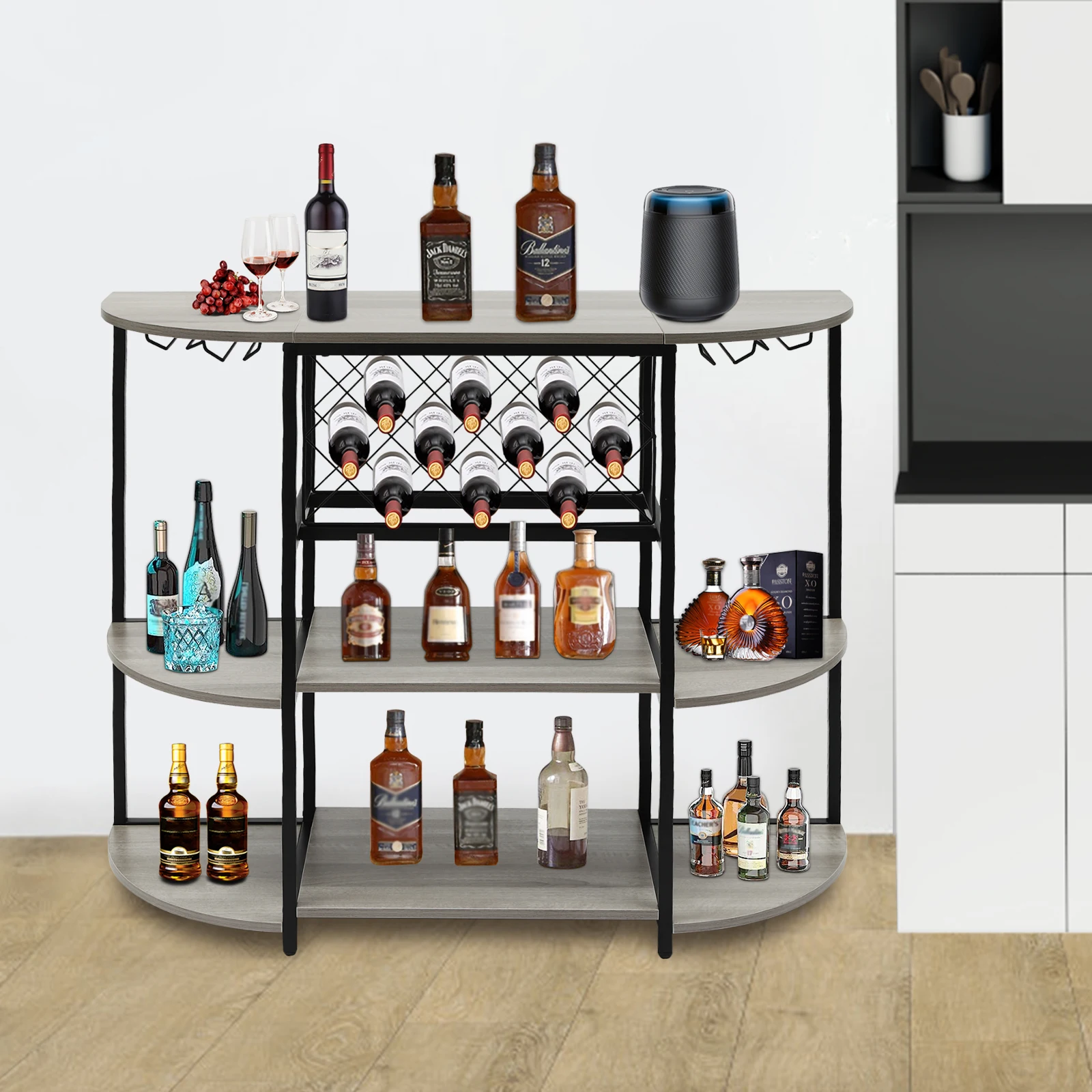 Wine Rack Table, Wine Bar Cabinet with Storage, Freestanding Floor Bar Cabinet for Liquor and Glasses