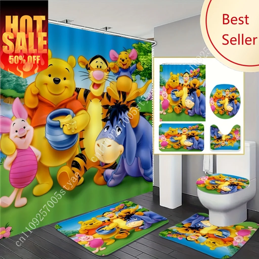 

Winnie The Pooh Friends Cartoon Shower Curtain Disney Cartoon Decoration Gifts Floor Mats Toilet Seat Cover Polyester Fiber 4PC