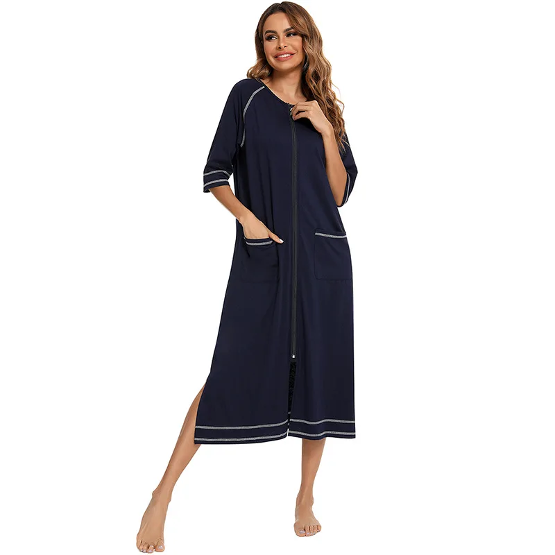 Spring Autumn Bathrobe Women Three Quarter Sleeve Solid Loose Ladies Dressing Gown with Zipper Pockets Bath Robe for Female