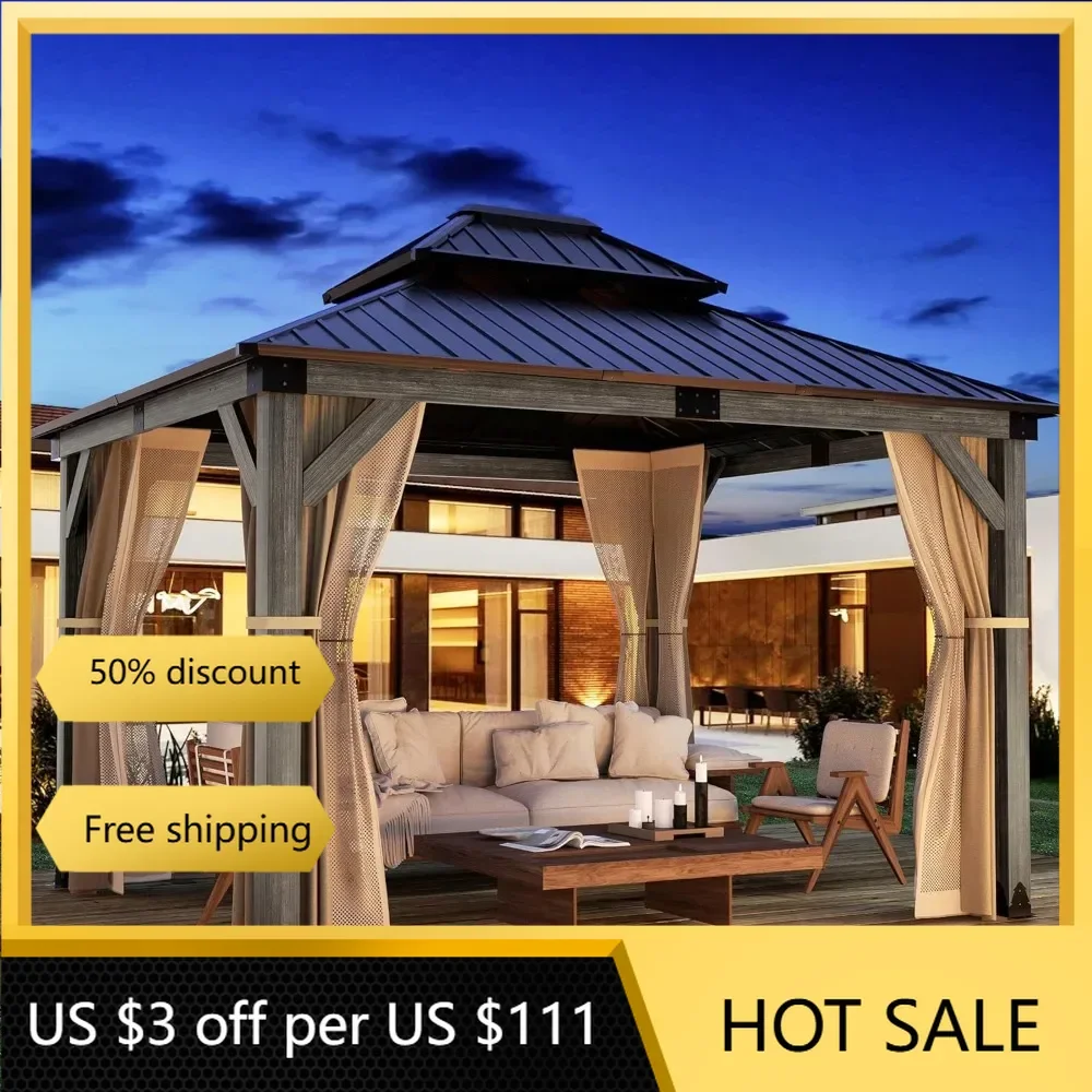 10x12 FT Hardtop Wood Gazebo, Cedar Wood Frame Gazebo with Double Metal Roof, Outdoor Gazebo