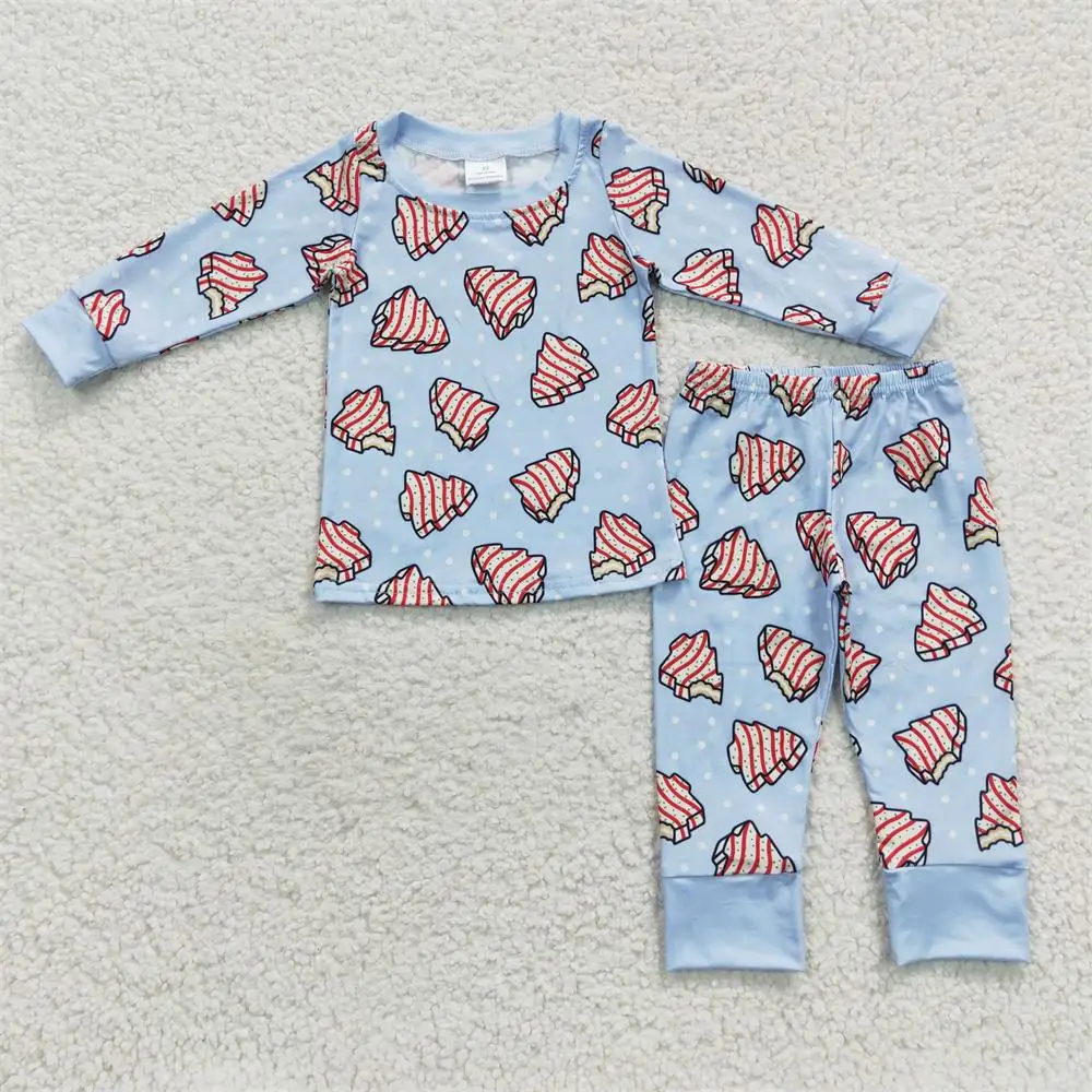 Wholesale Children Merry Christmas Cake Tree Pajamas Baby Boy Blue Long Sleeve Set Kids Pants Sleepwear Toddler Outfit Nightwear