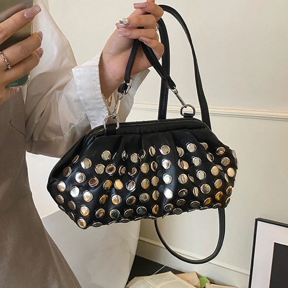 

Luxury Rivet Dumpling Bags for Women Handbag Fashion Soft PU Leather Shoulder Crossbody Bag Punk Studded Cloud Bag Shell Pouch