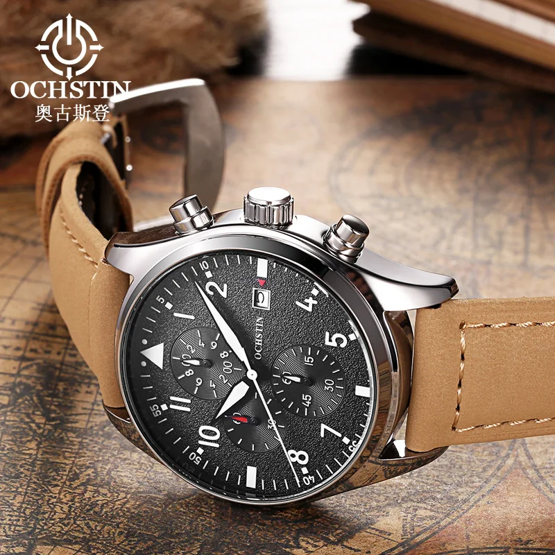 OCHSTIN Genuine Leather Strap Wristwatch Man Mineral Hardened Glass Quartz Movement Watches Men's Waterproof Luxury Watch