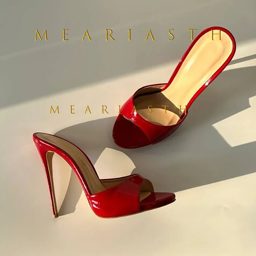 

Red Patent Leather Stiletto Slippers Open Toe Solid Sexy High Heels Summer 2025 New Nightclub Outside Plus Size 44 Luxury Shoes