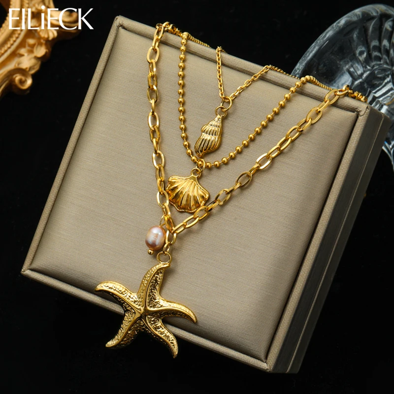 EILIECK stal nierdzewna 316L rozgwiazda muszle muszle perłowy naszyjnik dla kobiet nowy 3w1 Choker łańcuszki biżuteria Lady prezent