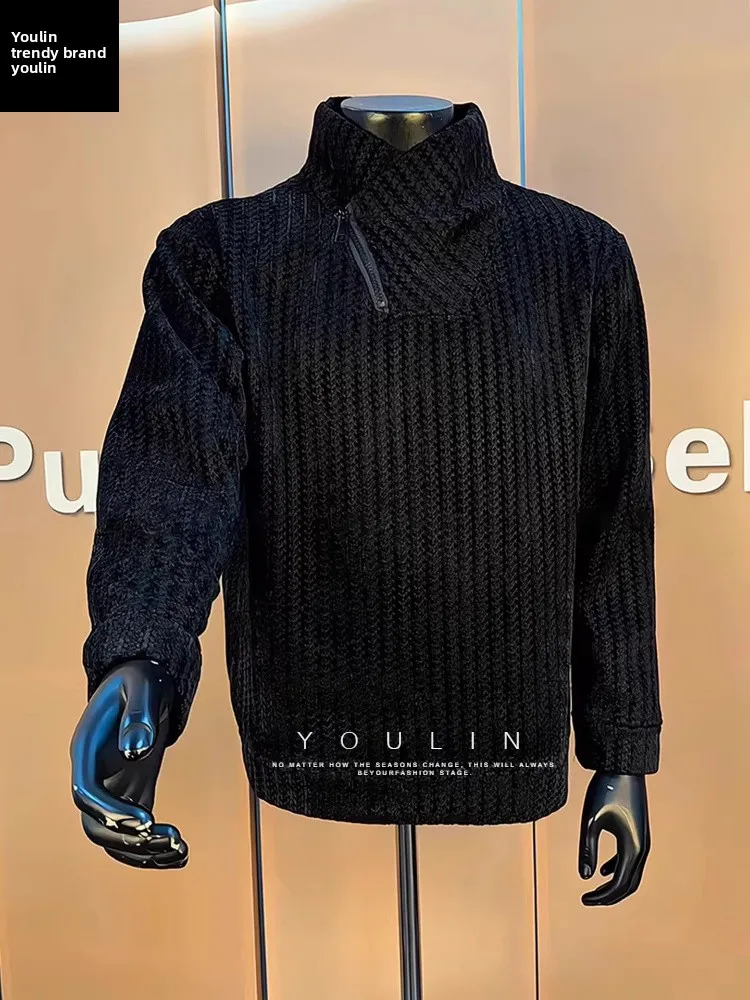 

American Style Fleece Lined Hoodie Men's Autumn Winter Heavy Fishbone Pattern Long Sleeve T-Shirt Zipper Stand Collar Sweatshirt
