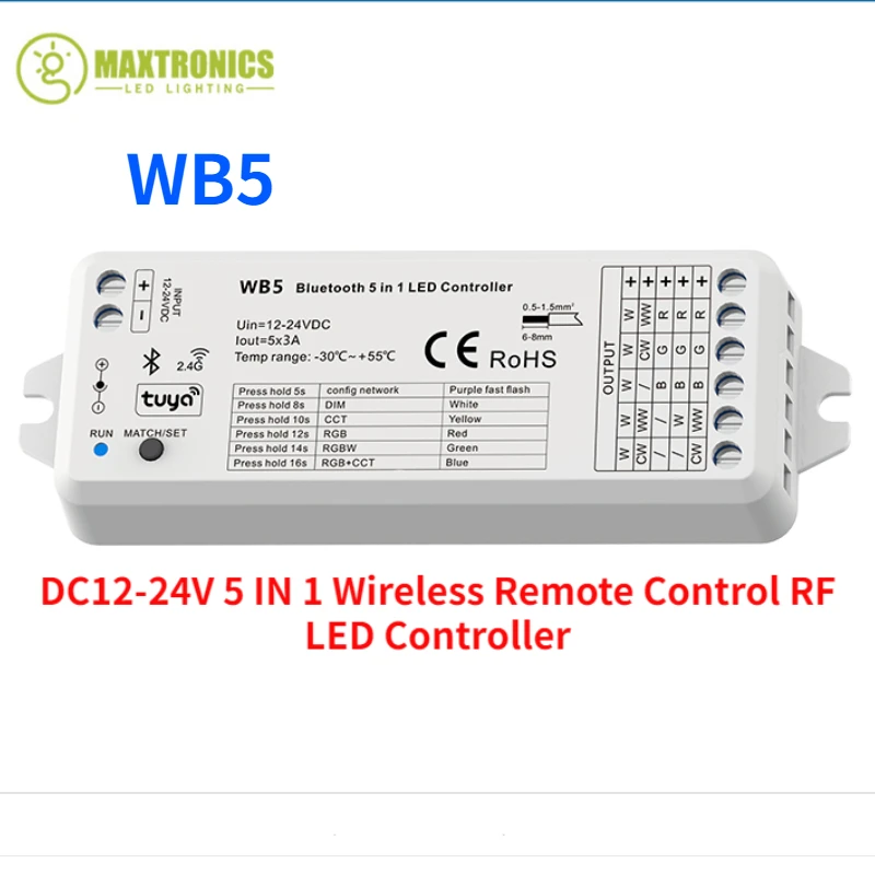 

WB5 Tuya 5 IN 1 Wireless Remote Control RF LED Controller DC12-24V For RGB RGBW RGB+CCT Color Temperature Single Color LED Strip