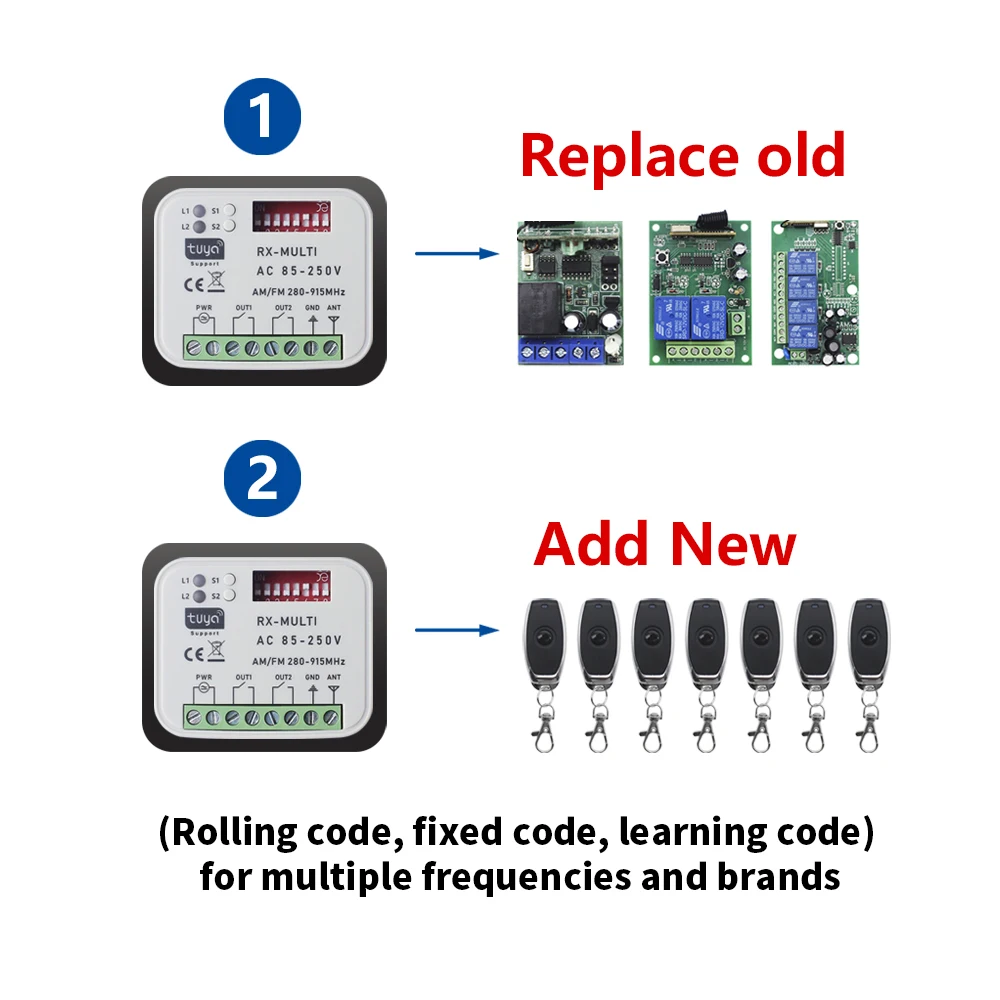 8 Dip RX-MULTI 300-900MHz Tuya WIFI Smart Gate Garage Door Opener App Remote Control Multi-Brand Controller Switch Module Alexa