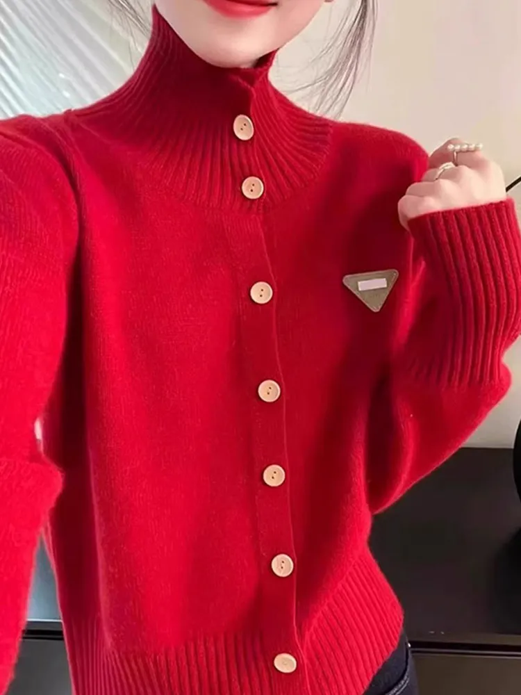 

Красный дизайн Sense вязаный свитер пальто с высоким воротником длинный свеч повседневный Ele женский открытый кардиган трикотаж зимняя верхняя одежда