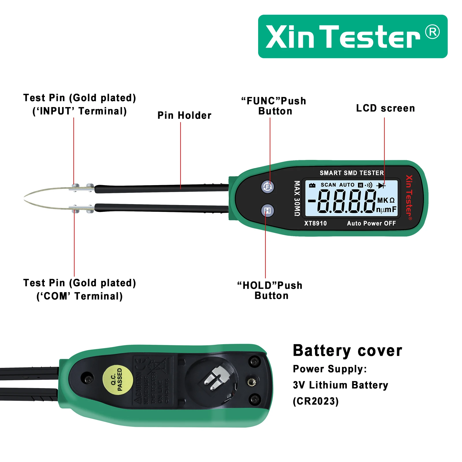 Xin Tester Smart SMD Tester XT8910 Auto Scan Tweezer Diode Multimeter Resistor Capacitor Tester Continuity Checking Function