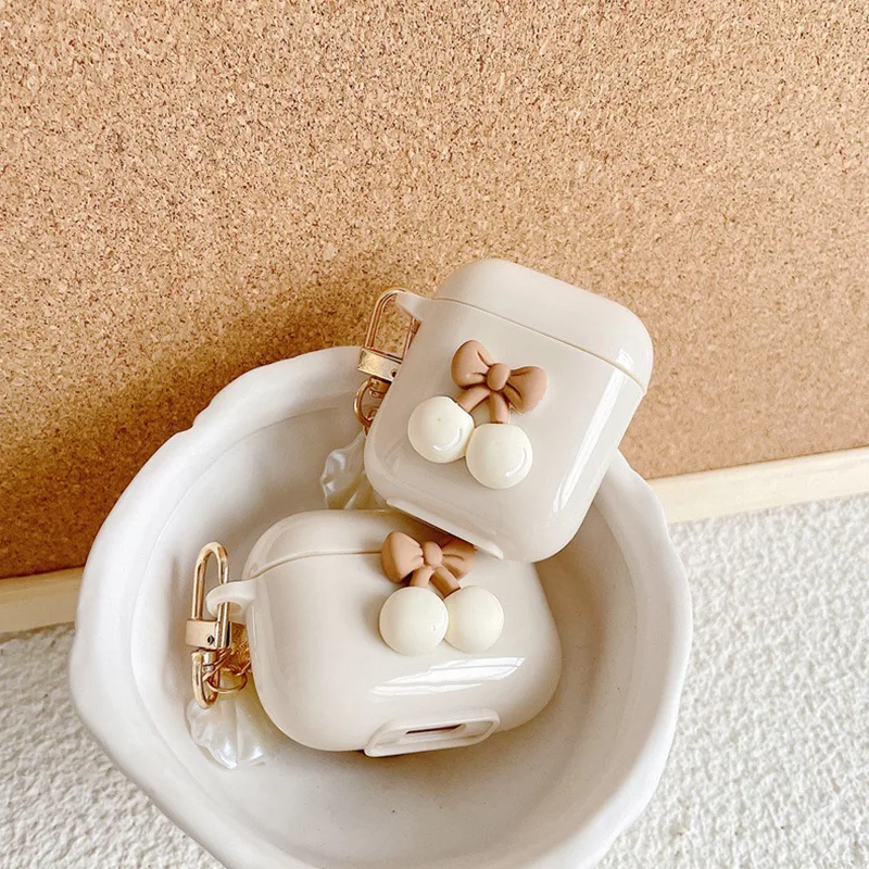 Dễ Thương Retro Màu Be Dành Cho Tai Nghe Apple AirPods 1 2 3rd Thế Hệ Gấu Anh Đào Dành Cho Tai Nghe AirPods Pro Ốp Lưng Móc Khóa Dây hộp Đựng Sang