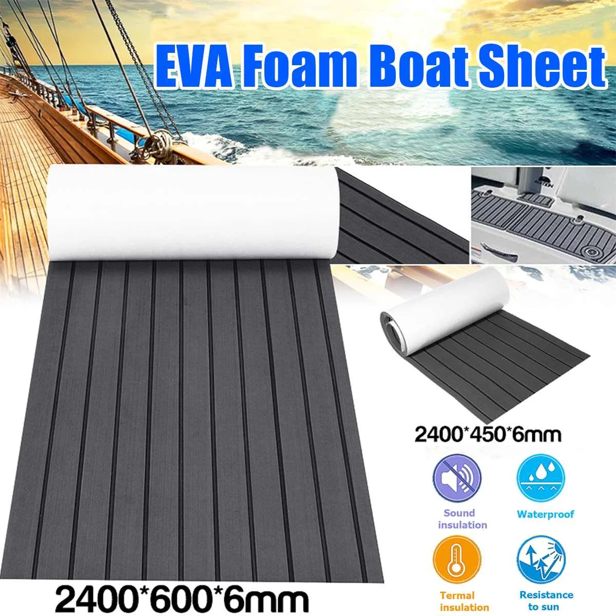 Self-Adhesive Foam Teak Decking EVA Foam Marine Flooring Faux Boat Decking Sheet Accessories Marine Gray Black 2400x600x6mm