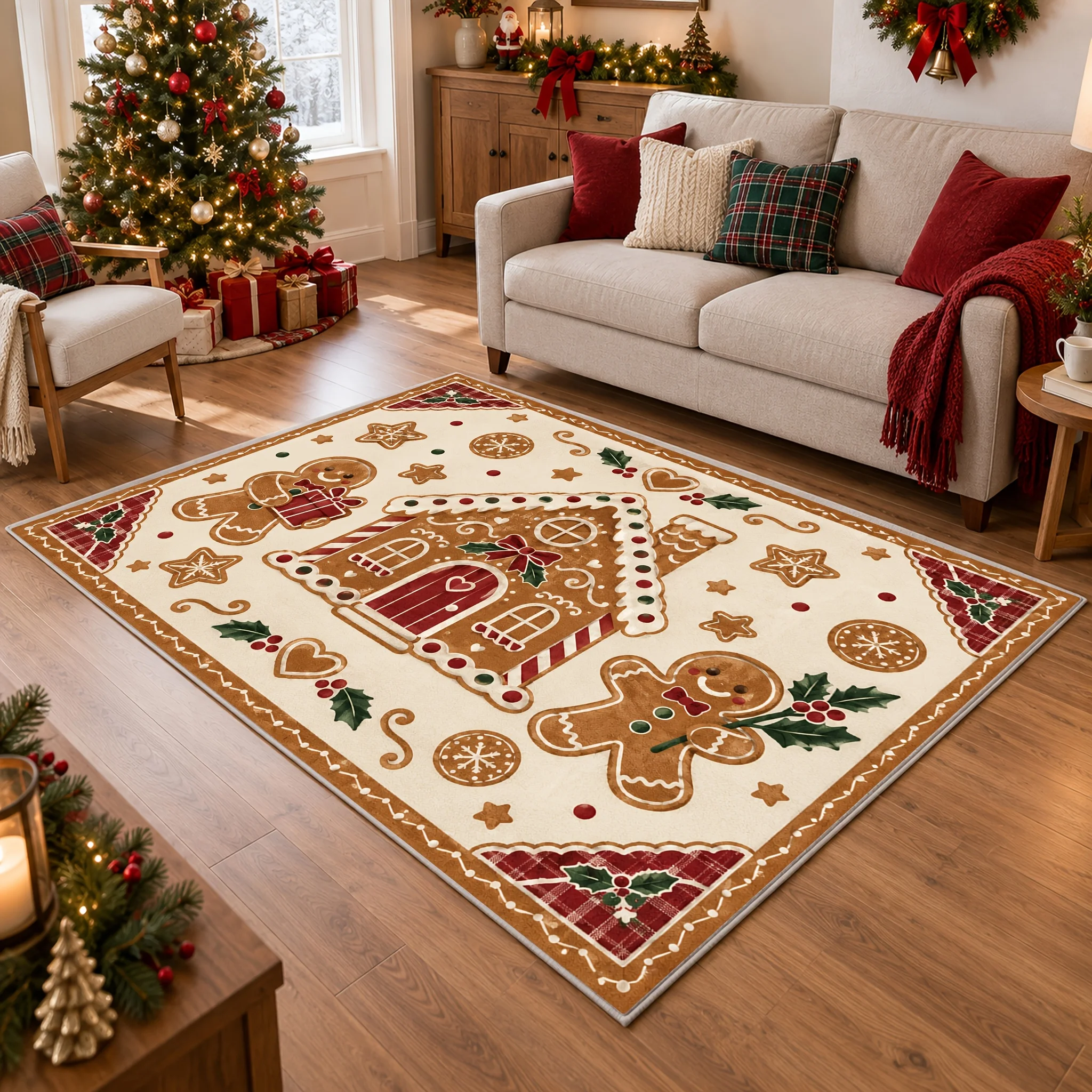 1pc Christmas Gingerbread House Man Area Rug, 2D Flat Print, Indoor Floor Mat for Living Room, Xmas Home Decor