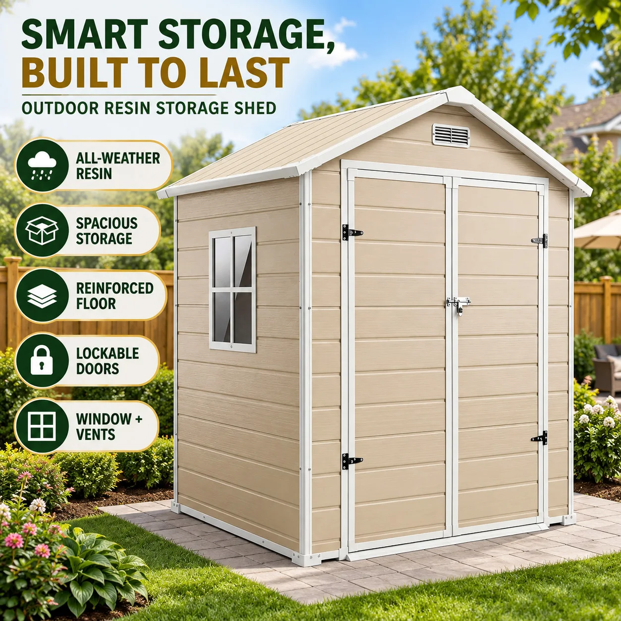 6x4 FT Plastic Resin Outdoor Storage Shed with Reinforced Floor Lockable Door Window Ventilation Weather Resistant Double Wall Garden Tool Lawn Mower Bike Storage for Patio Backyard