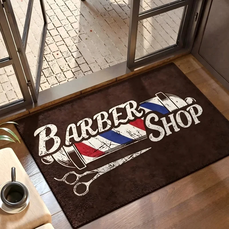 Barbershop Logo Barber Pole Scissors Print Entry Doormat, Salon‑themed Floor Mat for Barbershop Entrance,Indoor Space Decoration