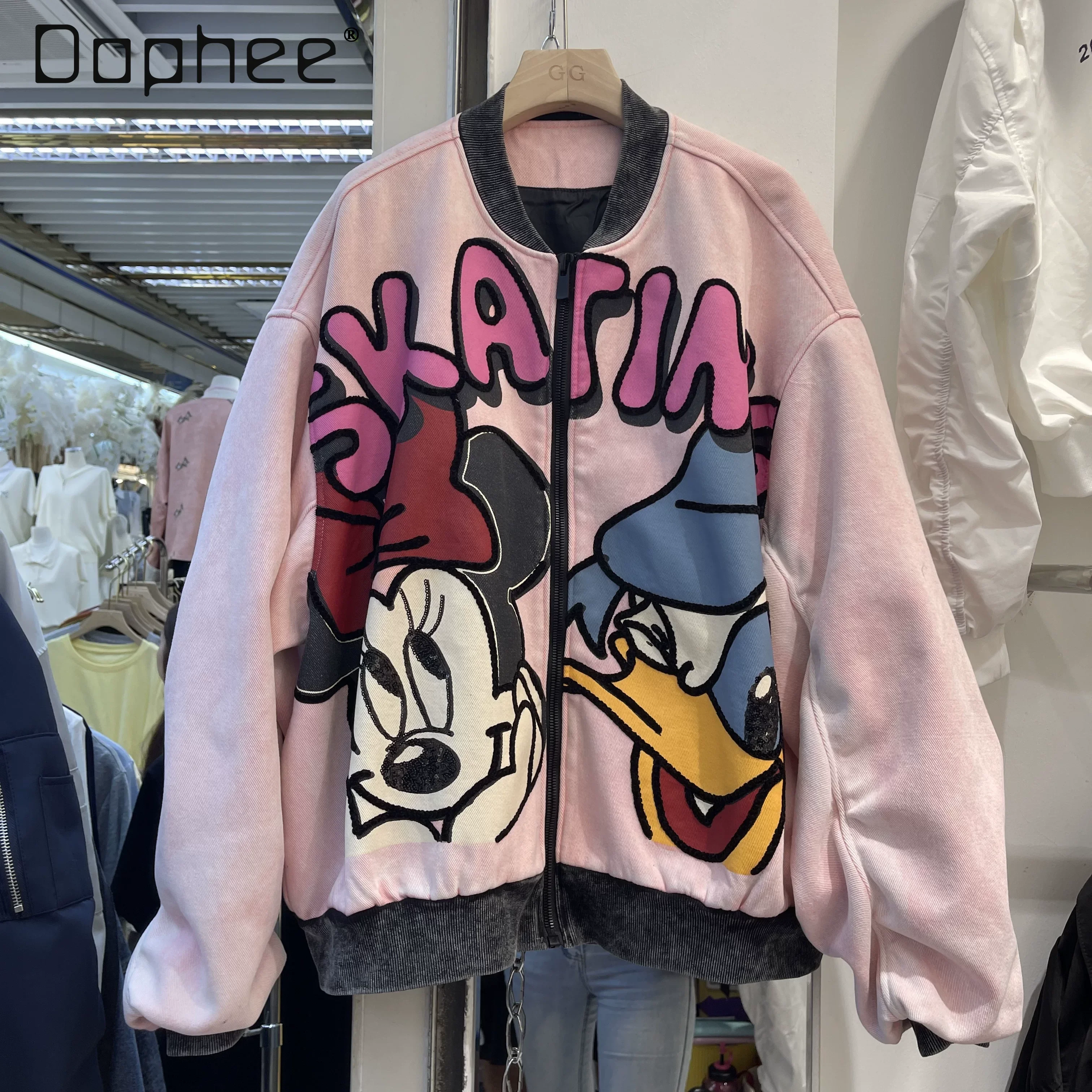 

2026 Spring New Printed Sequins Baseball Jacket Fashion Cartoon Top European-style Loose Pink Denim Jacket for Women