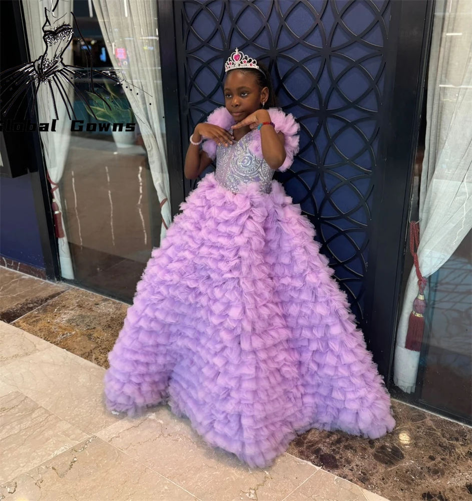 Lila Rüschen niedlichen Blumen mädchen Kleid Perlen Kristall Kind Prinzessin Kleid für Geburtstags feier Kleider Applikation abgestufte Robe de Bal