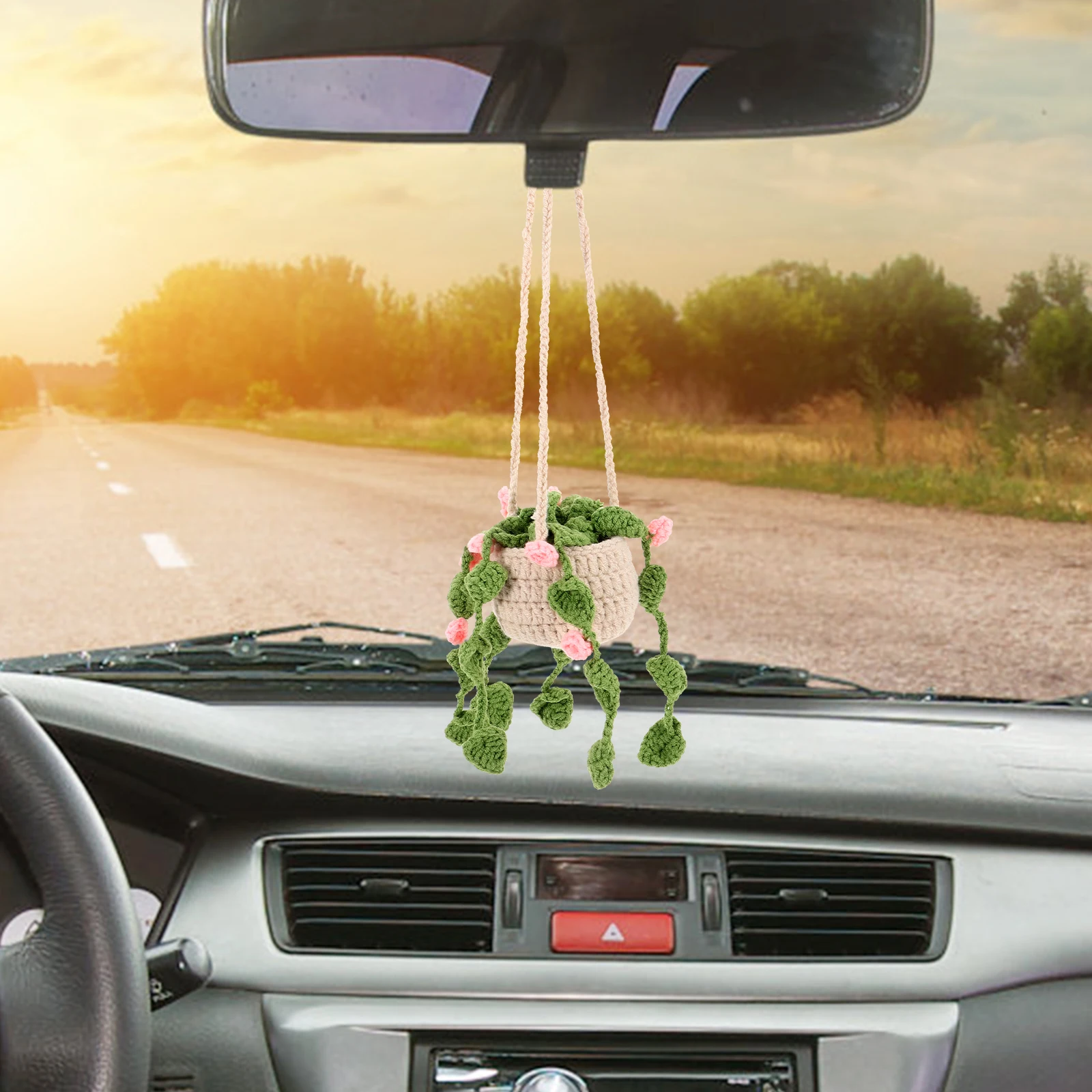 

Crochet Car Hanging Ornament Cute Potted Plant For Rearview Mirror Interior Decor Wall Home Shop Classroom Hallway Gift Crochet