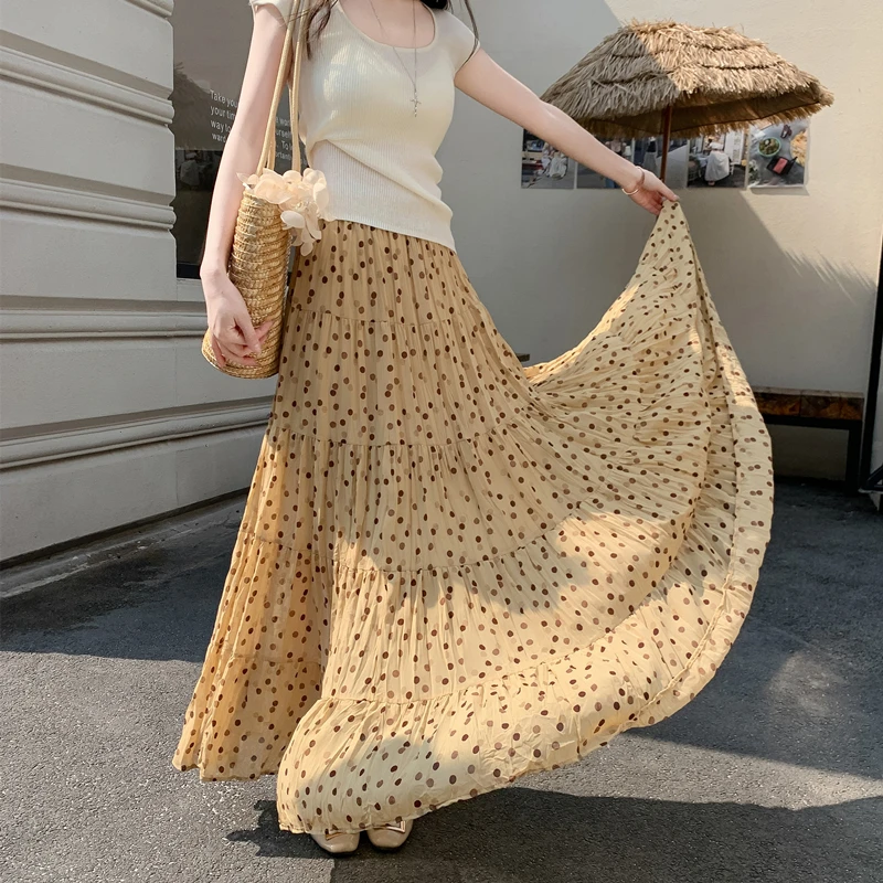 Gonna Lunga a Pois Gialli Floreale Retrò, Vita Alta, Slim Fit, Drappeggiata, Linea A, Stile Ombrello