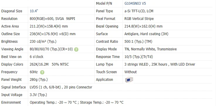 Original NEW G104SN03 V5 V0 V1 V2 G104SN03 V.5 V.1 V.0 V.2 10.4 Inch Display Panel OEM LCD Panel Display Monitor Screen