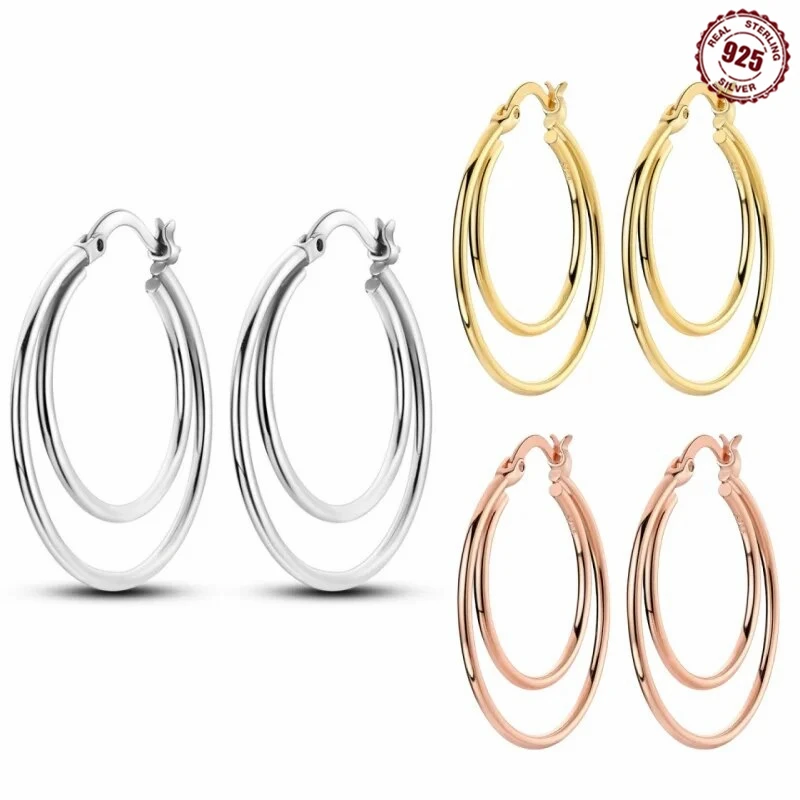 925 Sterling Silver Big Bicyclic Ring Hoop Earrings Golden Color Rose Gold Geometry Simple Jewelry Women Girl Evening Party Gift