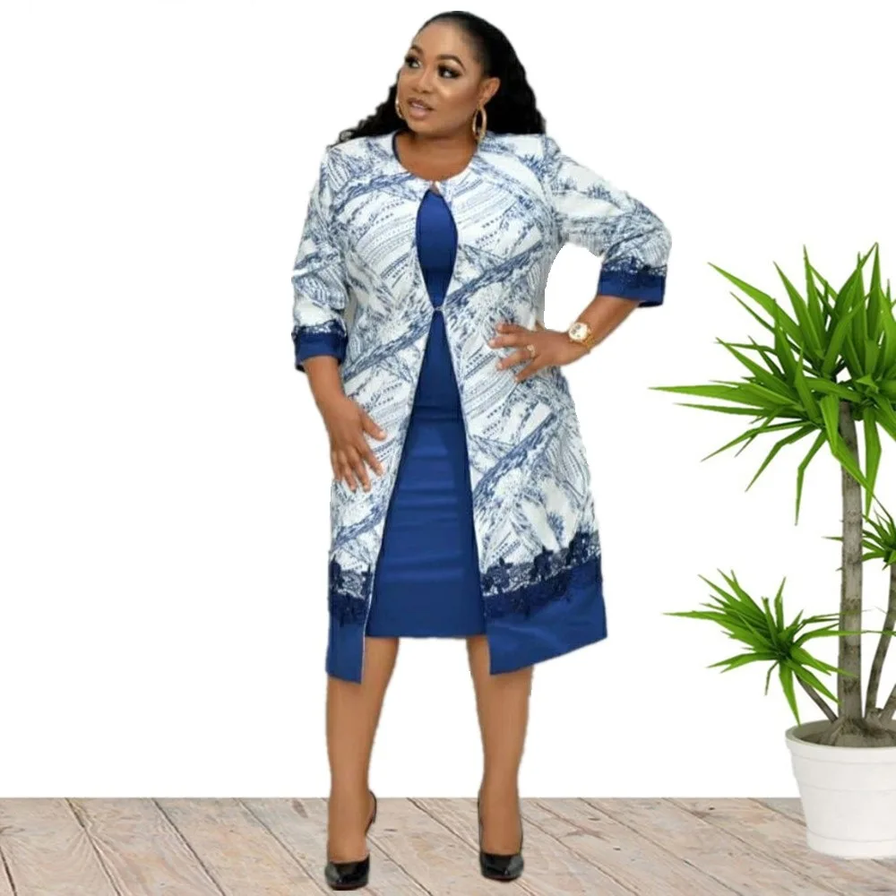 African Clothes Flower Printed Two Pieces Set Women 2019 Autumn Office Lady O-Neck Sleeveless Bodycon Mini Dress&Coat Suit Set